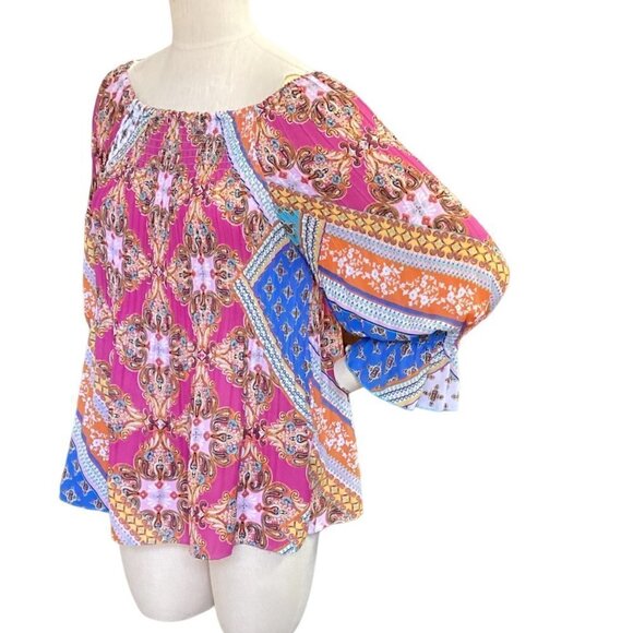 Spense Bell Sleeve Crinkle BOHO Peasant Top Colorful Mixed Pattern Sz M 75i - Picture 3 of 7
